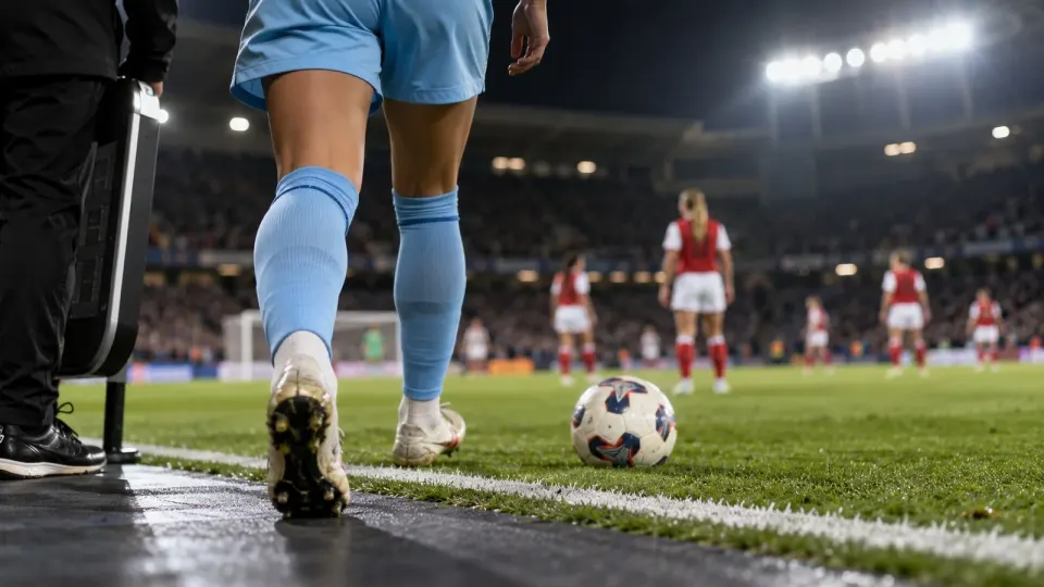 Editorial illustration of a generic women’s football substitute entering under floodlights