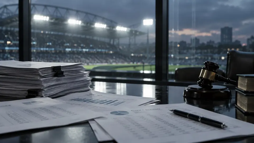 Editorial illustration of legal and financial papers with stadium lights in the background