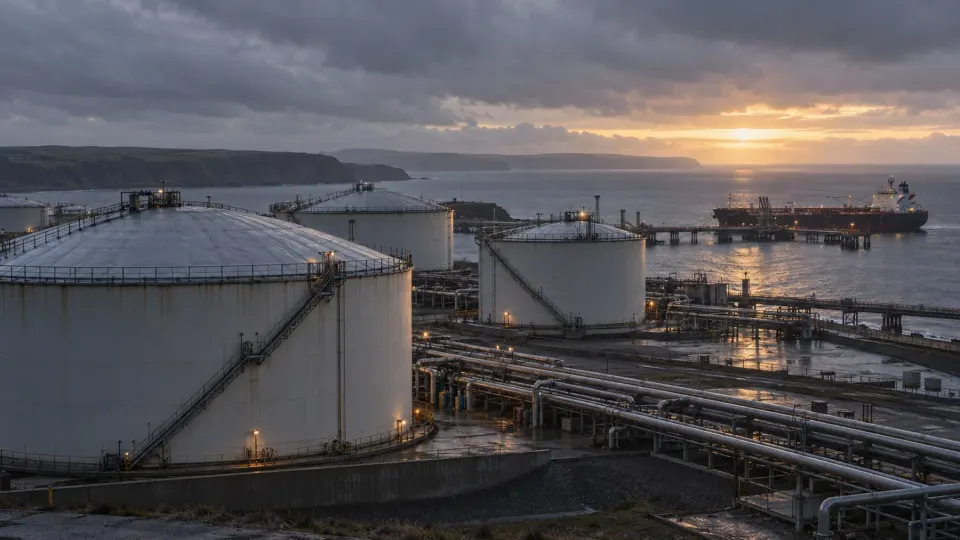 Editorial illustration of a generic coastal oil storage terminal at dawn; no specific facility is depicted
