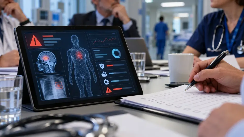 Editorial illustration of a medical AI risk dashboard being assessed by clinicians