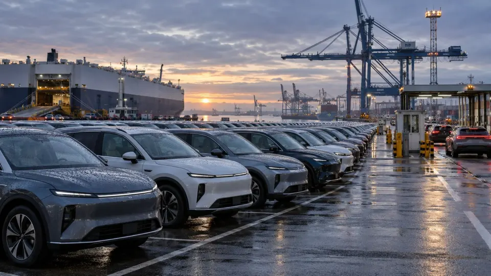 Editorial illustration of unbranded electric cars at a British vehicle import terminal