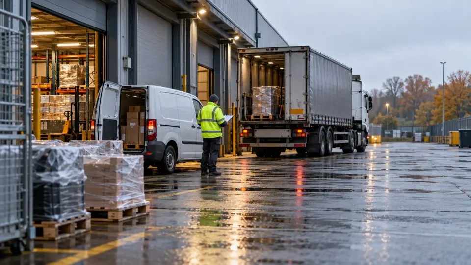 Editorial illustration of a British delivery depot with a van and lorry; this does not depict a specific business