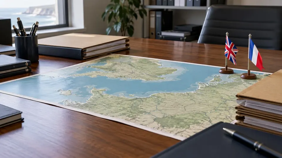 Editorial illustration of an unmarked Channel map and UK and French markers on an office desk