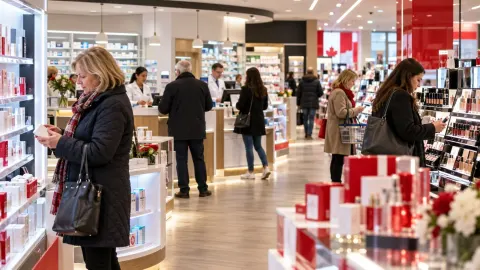 Editorial illustration of a busy British pharmacy and beauty store