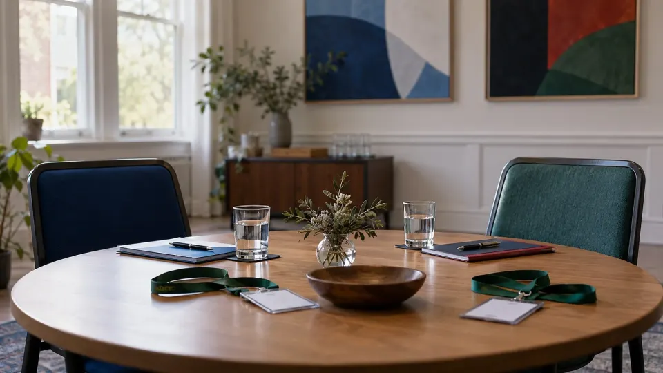 Editorial illustration of an unresolved community dialogue around an empty meeting table