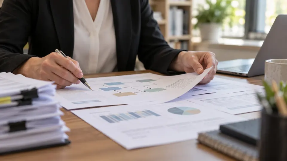 Editorial illustration of a research administrator reviewing generic grant funding paperwork