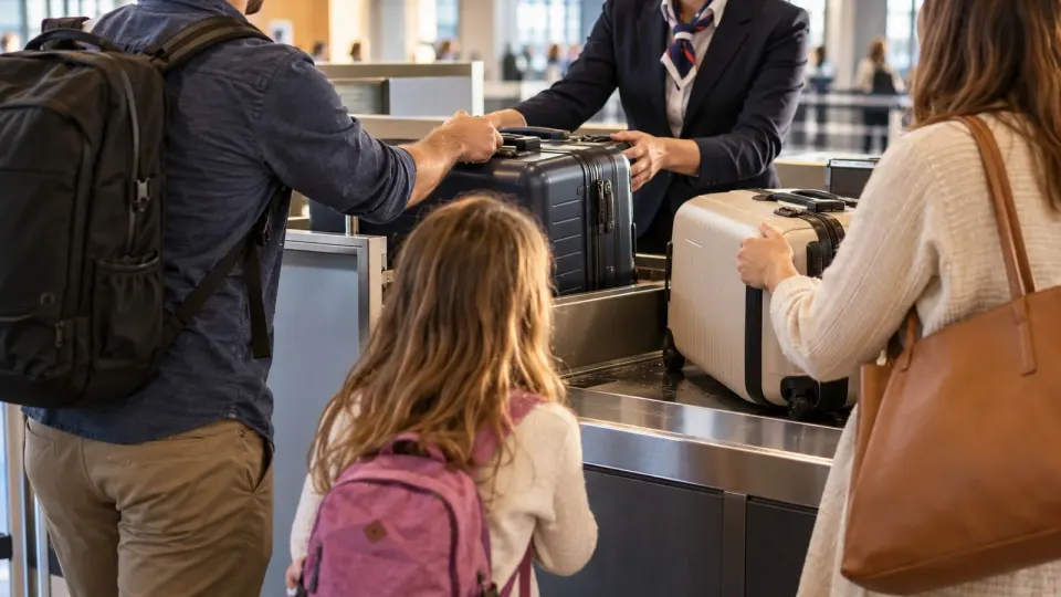Editorial illustration of an anonymous family at a generic airport check-in counter