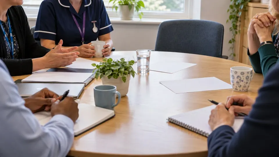 Editorial illustration of NHS and school support professionals meeting; the people and setting are fictional.