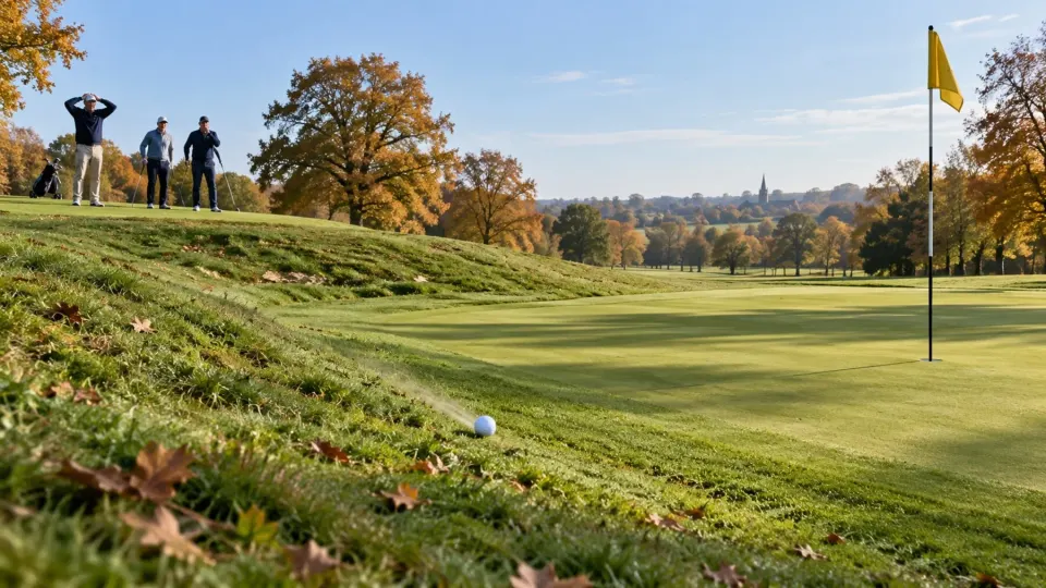 Editorial illustration of a ball rolling down a bank towards a golf green; this does not depict Noz’s actual shot.