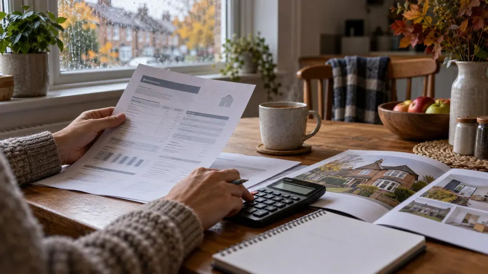 Editorial illustration of a household comparing mortgage paperwork at a kitchen table; no actual borrowers or terms are depicted