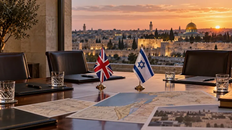 Editorial illustration of an empty UK-Israel diplomatic negotiating table overlooking Jerusalem