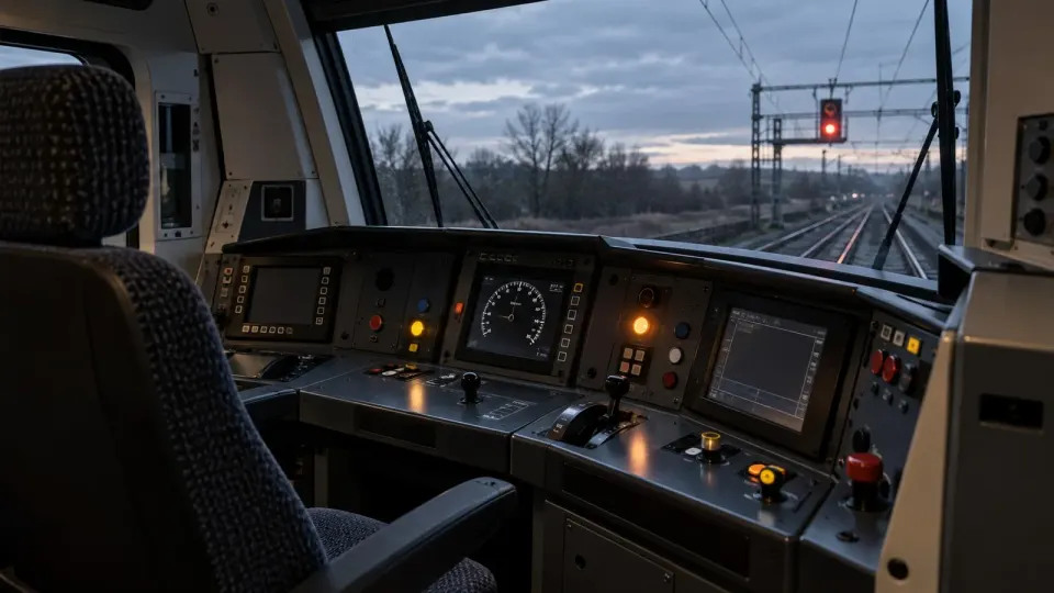 Editorial illustration of an empty generic train cab and red signal; not a photograph of the train or signal involved