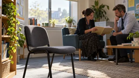 Editorial illustration of school support staff reviewing a file beside an empty chair; no actual patient or school is shown.