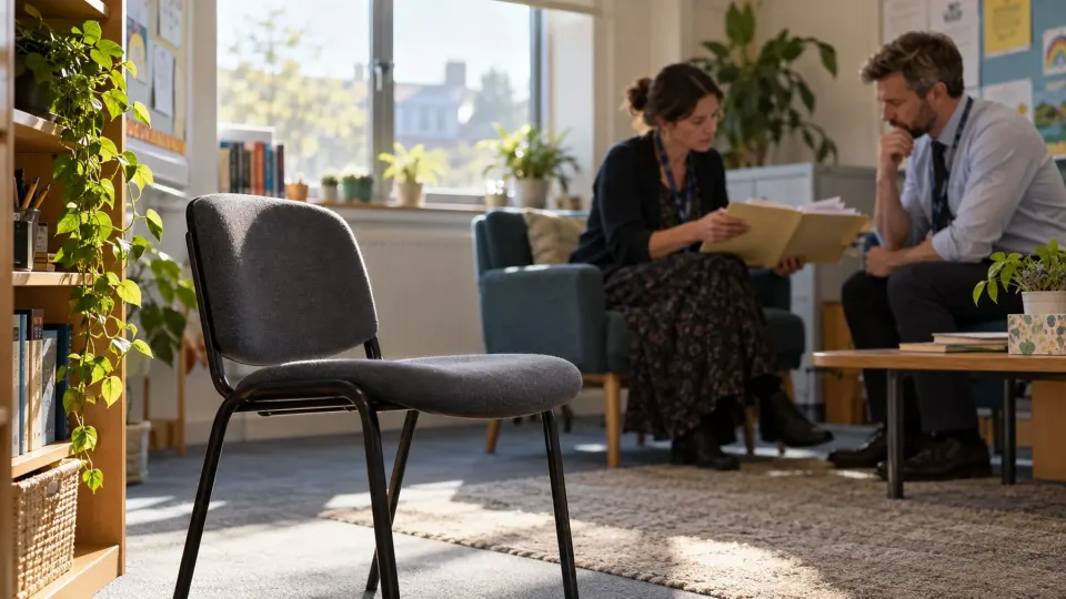 Editorial illustration of school support staff reviewing a file beside an empty chair; no actual patient or school is shown.