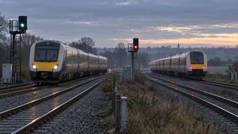 Editorial illustration of two generic passenger trains near signals in rural England; this does not depict the accident