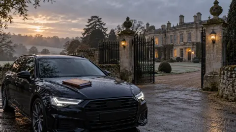Editorial illustration of an unmarked police car outside a grand English country residence
