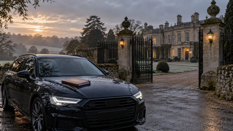 Editorial illustration of an unmarked police car outside a grand English country residence