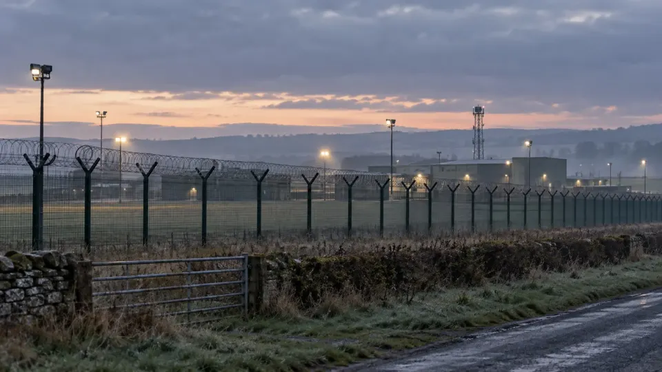 Editorial illustration of a generic British military base perimeter at dawn