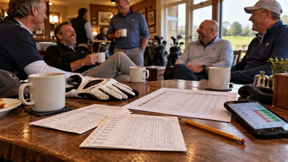 Editorial illustration of an amateur golf society discussing scorecards in a clubhouse; the people are fictional.