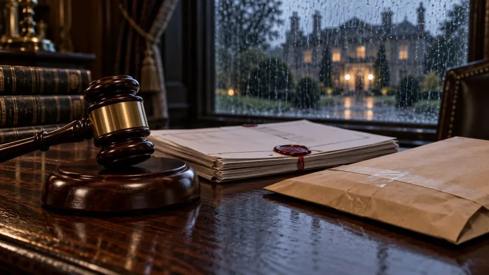 Editorial illustration of sealed search-warrant papers and a judge’s gavel