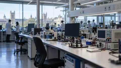 Editorial illustration of a British technology research laboratory with researchers in the distance