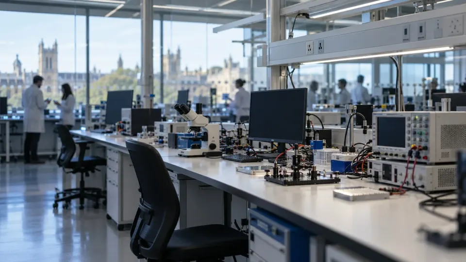 Editorial illustration of a British technology research laboratory with researchers in the distance