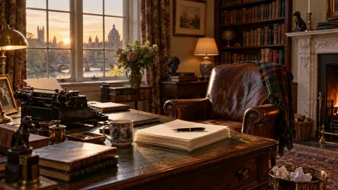 Editorial illustration of an empty writer’s study after the author has left