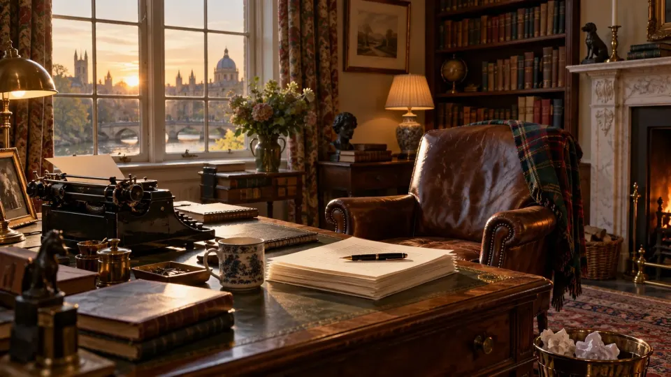 Editorial illustration of an empty writer’s study after the author has left