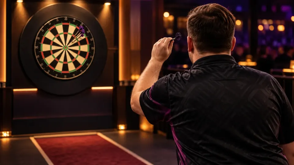 Editorial illustration of a darts player seen from behind preparing to throw in a warmly lit competition hall.
